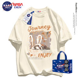 Nasa Collaboration Summer American-Style Heavy Cotton Short-Sleeve T-Shirt for Women, Trendy Japanese Sweet Loose Comfortable Five-Quarter Sleeve