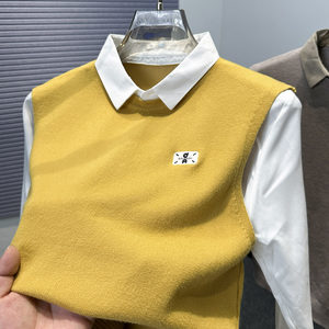 
Fake two-piece sweater for men young men's dress-fitting shirt collar sweater 2025 autumn and winter new pullover base shirt