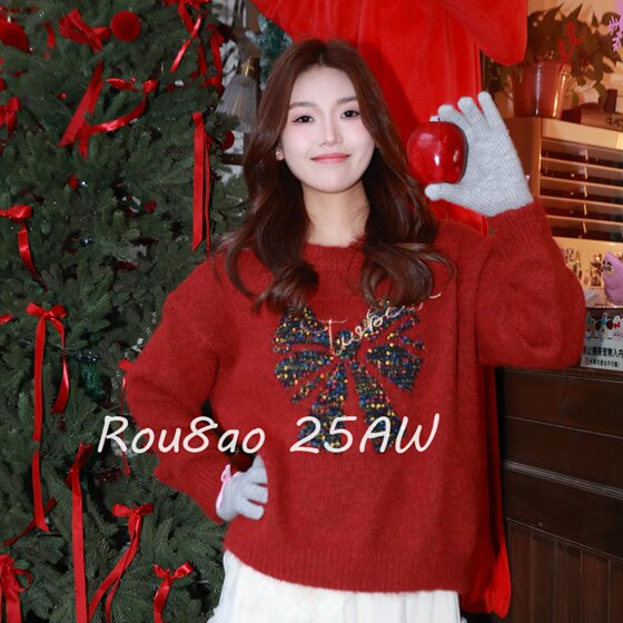 Rou8ao slightly fat plus size women's New Year festive wear sweater bottoming shirt slightly fat mm bow knitted top