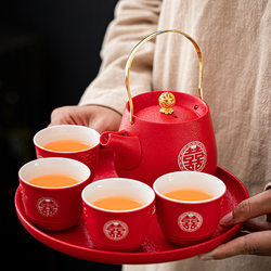 Chinese wedding Chinese red ceramic tea set wedding banquet festive one pot four cups high-end set including tea tray gift box