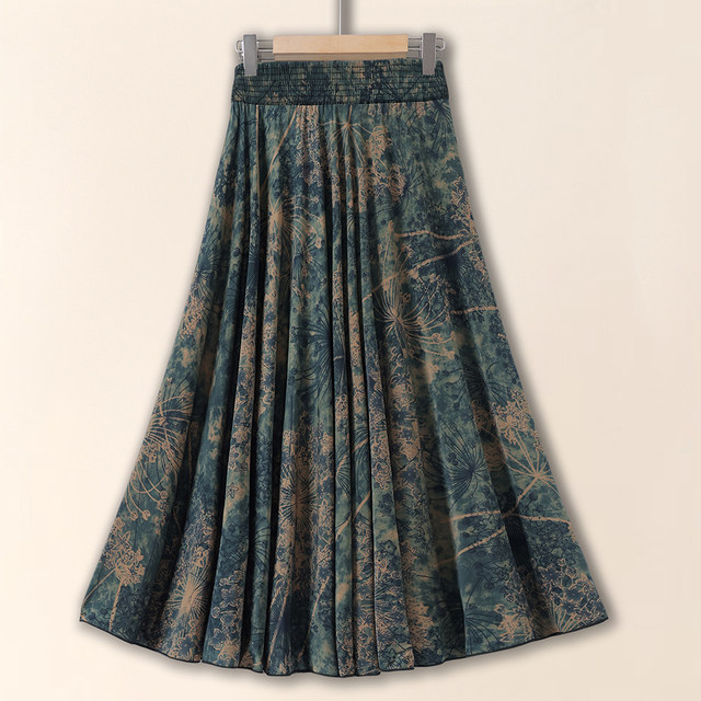 
New floral ice silk skirt summer, mother-in-law elastic waist high waist A-line large swing mid-length over-knee skirt, making it look slim