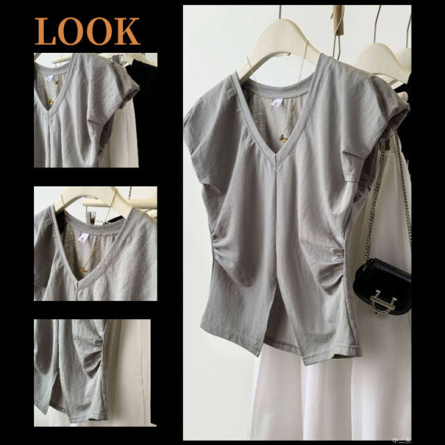 Irregular gray V-neck small flying sleeves T-shirt for women in summer 2024 new design slim shoulder sleeveless top
