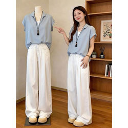 Fake Two-Piece Light Blue V-Neck Short-Sleeve Shirt for Women, 2026 Summer Hot-Selling Plus-Size Irregular Top