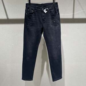 
European station autumn men's jeans small feet slim-fitting fashion fashion embroidered black grey stretch casual trousers