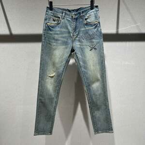 
European high-end spring and summer men's ripped jeans small feet slim fit trendy brand fashion thin skull fashion trousers