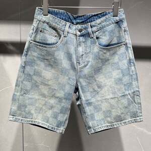 
European high-end summer men's denim shorts, thin, trendy, fashionable, slim-fitting, casual plaid medium pants
