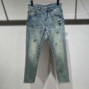 
European high-end spring and summer men's jeans, small feet, slim fit, fashionable and personalized, little old man embroidery, versatile long pants