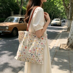 
Embroidery literary style small floral Korean ins canvas bag for women spring and summer versatile large capacity single shoulder handheld tote bag