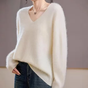 
[Cashmere Wool Blended] Australian J-neck Wool Sweater V-neck Puyuan Sweater Factory Knitted Brushed Cashmere Sweater Women