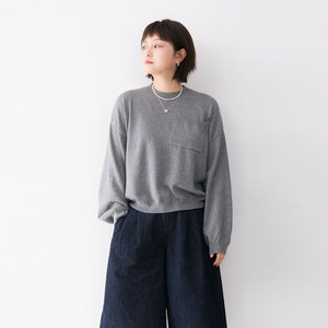 
Pure cotton ball-free round neck pullover with diagonal pockets and decorative sweater for women, loose and versatile solid color spring new top