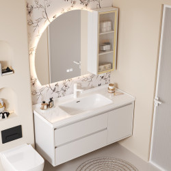 New Cream-Style Smart Solid Wood Bathroom Cabinet Mirror Cabinet Combination with Integrated Ceramic Basin for Washing Face and Bathroom Sink