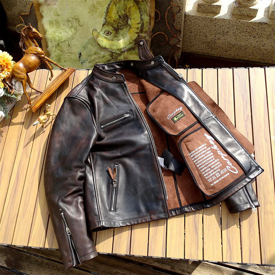 Imported vegetable tanned tea core horse leather unlined design J100 collar live loop men's standing collar slim leather jacket
