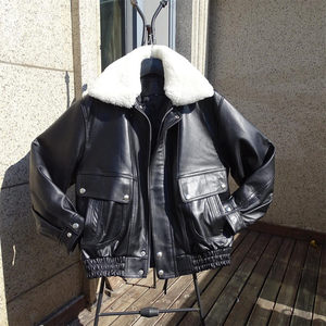 Removable wool collar thin cotton leather jacket neutral retro oversized loose Hong Kong style men and women's leather jacket
