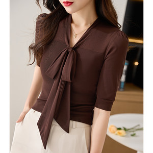 
V-neck mesh temperament small shirt short-sleeved top women's clothing 2025 new fashionable five-point sleeve large size belly-covering T-shirt