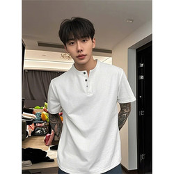 Cleanfit Henry Collar Short-Sleeve T-Shirt for Men, Summer Trendy American Style Heavyweight Cool and Versatile Half-Sleeve Top