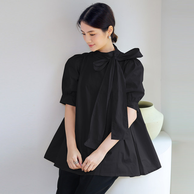 New Japanese thin short-sleeved doll shirt in spring and summer style, solid color loose shirt with bow and small turtleneck top