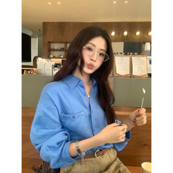 Wenran Blue Slimming Long-Sleeved Shirt for Women, Spring Loose Fit, Korean Style Casual Shirt Top