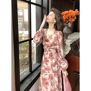 
Spring and Autumn Light Mature Style French Floral Dress Cross-Strap Elegant Slim Fairy Temperament Long Skirt