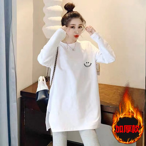 Pregnant women's base shirt autumn clothes pure cotton loose large size round neck slit long sleeve T-shirt mid-length butt top for women