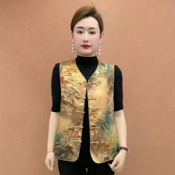 New Chinese style round neck buckle vest for middle-aged and elderly women mothers