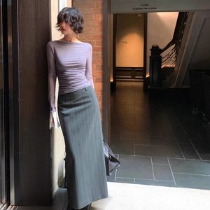 
Homemade wine afternoon [enjoy slenderness] Hong Kong style retro autumn new high-waisted long striped hip-covering skirt for women
