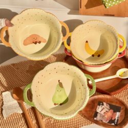 Fruit Croissant Large Double-Handle Soup Bowl for Home Use 2026 New Model High-Value Ceramic Instant Noodle Bowl Cute Large Bowl Soup Basin