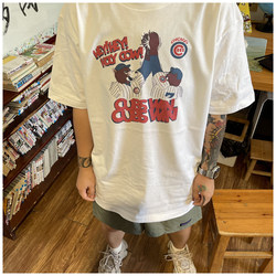 Foreign trade export clearance ~ American casual retro loose bear playing baseball super good-looking pure cotton short-sleeved T-shirt trendy brand