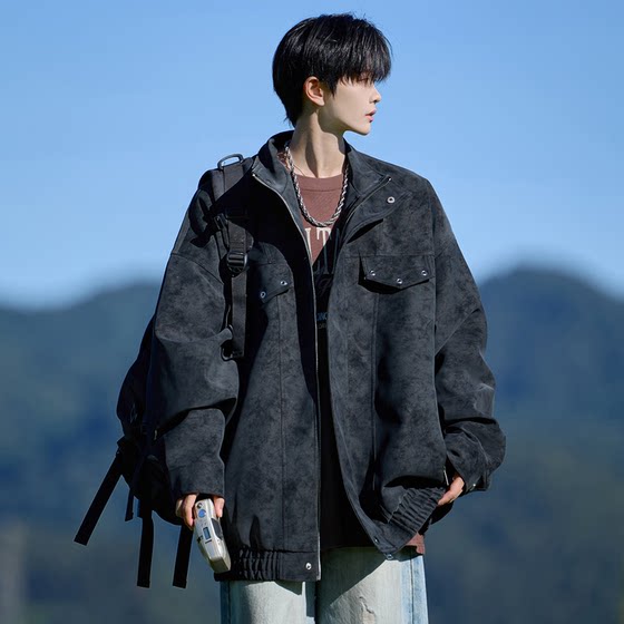 American Tie Dye Retro PU Leather Work Jacket Boys Plus Size Trendy Fat Loose Jacket Spring 2026