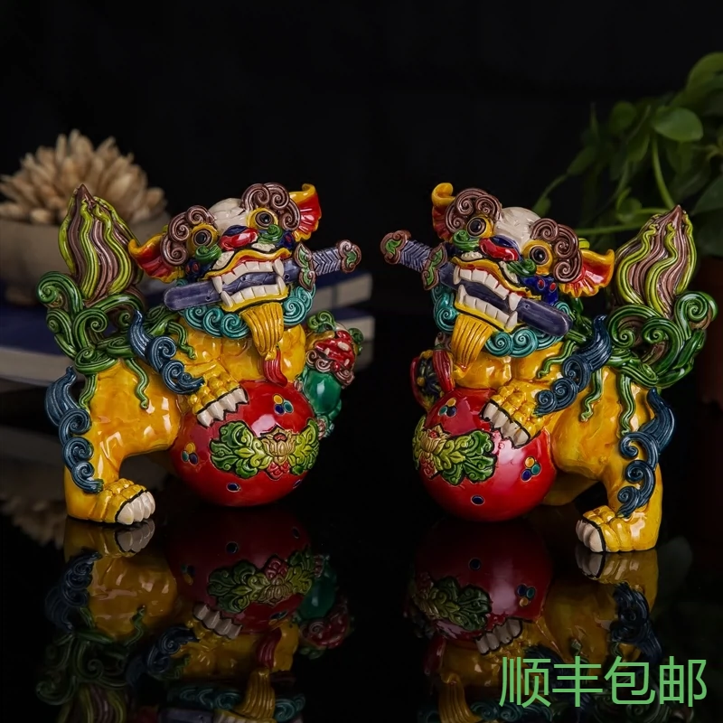 純手工陶瓷貔貅對擺件七彩交趾陶玄關藝術品新中式客廳擺飾