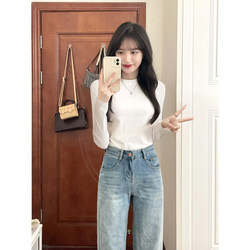 White Stand-Up Collar Regular Shoulder T-Shirt for Women, 2025 Autumn and Winter New Long-Sleeve Base Shirt, Slim Fit Top for Petite Figures