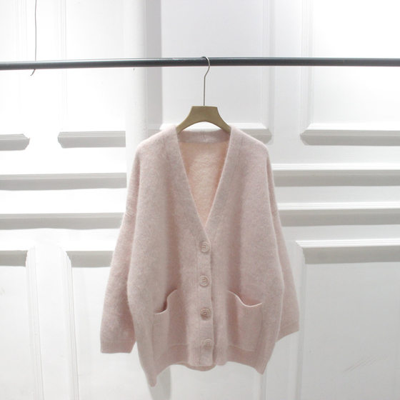 Korean orders for autumn and winter new V-neck breasts soft and glutinous lazy style rabbit fur thick knitted sweater cardigan jacket for women
