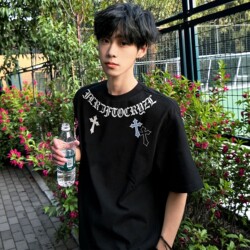 National Trend American High Street Pure Cotton Short-Sleeve T-Shirt for Men, 2026 New Summer Clothing, Black Regular Shoulder Top for Teenagers
