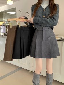 
Large size high waisted woolen pleated skirt for women to prevent exposure A-line short skirt thickened slimming college style skirt