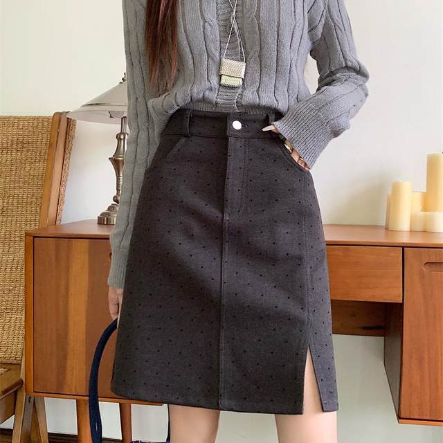 Large size gray polka dot wool skirt for women in autumn and winter high waist slit A-line short skirt for slimming mid-length hip-covering skirt