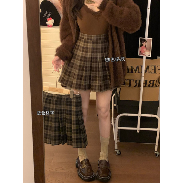 Coffee plaid pleated skirt for women a-line skirt autumn and winter 2025 new high-waisted slim plaid skirt jk short skirt