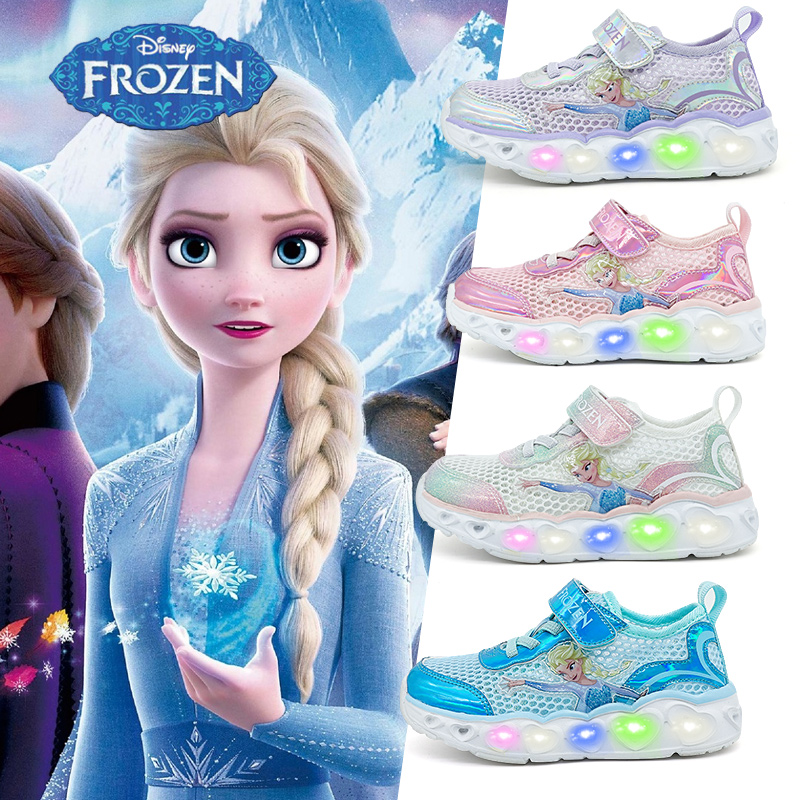 迪士尼艾莎公主儿童运动鞋女闪灯鞋2023夏季新款冰雪奇缘鞋子透气