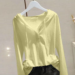 Pure Cotton Hooded Long-Sleeve T-Shirt for Women, New Spring and Autumn Style, Loose Fit, Slimming, Plus Size, Button Design, Unique Base Shirt