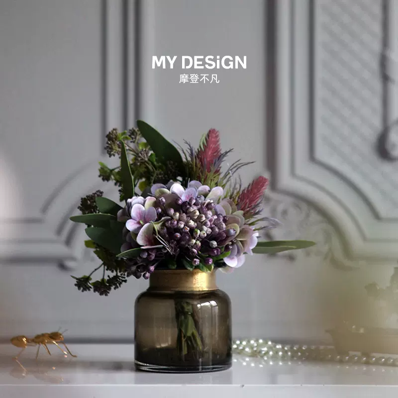 现代简约深色玻璃花瓶花艺摆件创意轻奢样板房卫生间浴室装饰