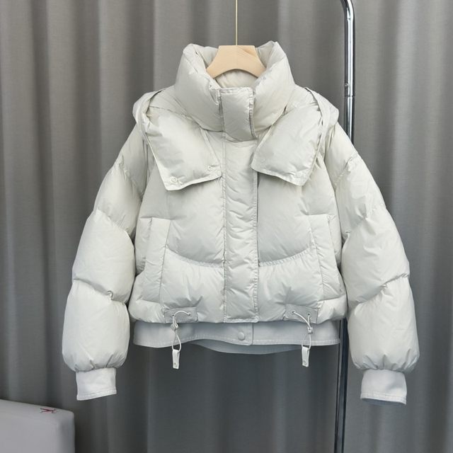 Down jacket women's stitching denim hooded short small small man 24 winter new 90 white duck velvet bread puff jacket
