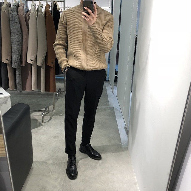 Korea Dongdaemun striped solid color retro half turtleneck texture men ...