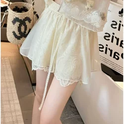 Gentle Style Apricot Lace Shorts for Women, Summer 2026 New Design, High-Waisted, Loose, Casual, Versatile Wide-Leg Pants