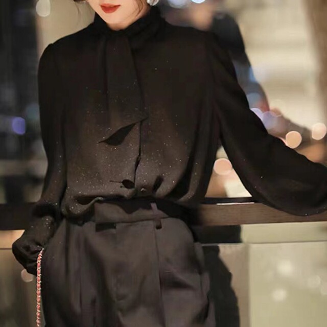 2025 spring new style retro stand collar bow black chiffon shirt women's long sleeve drooping temperament base top