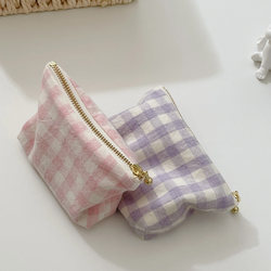 Korean imported plaid mini wallet soft waxy washed cotton fabric lip glaze lipstick change storage bag to carry with you