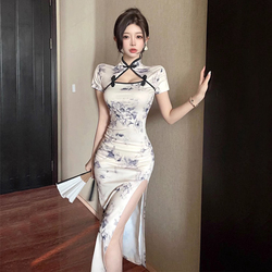 Retro Cheongsam šaty S Rozparkem | Čínská Republika Styl | Střední Délka | Sexy Dutý Pas