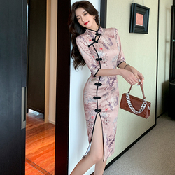 Denní Luxusní šaty Cheongsam – čínský Styl S Potiskem Dámská Retro Taška Hip Slit Slim Fit