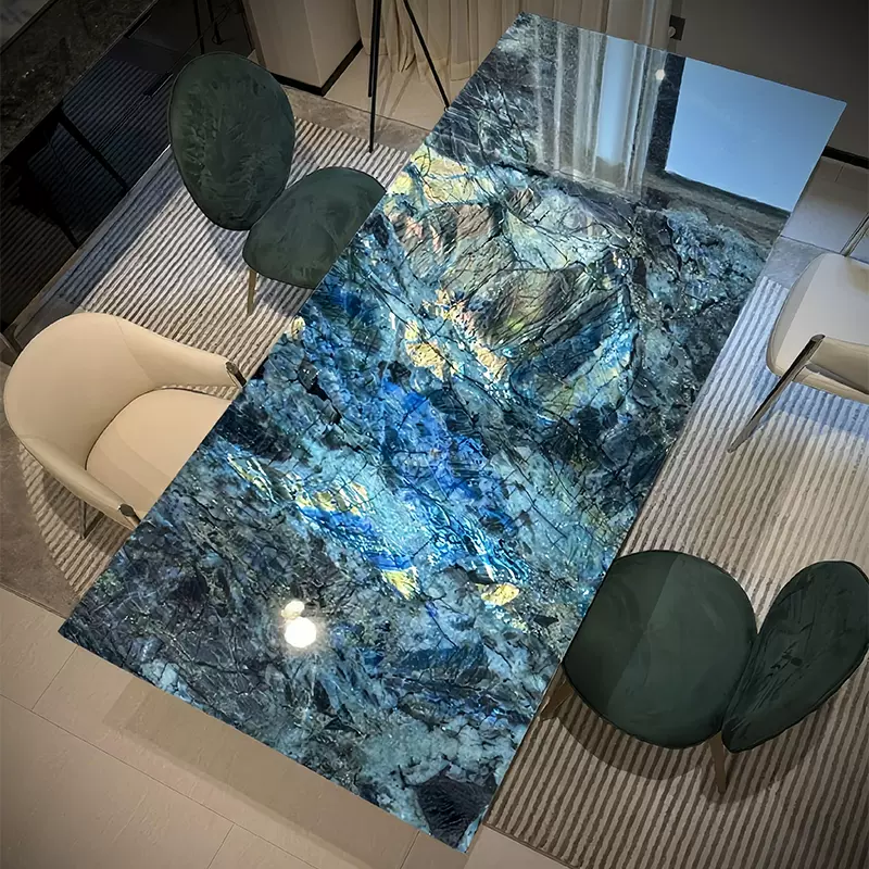 进口蓝宝石蓝翡翠奢石餐桌纯天然大理石餐桌长方形意式轻奢