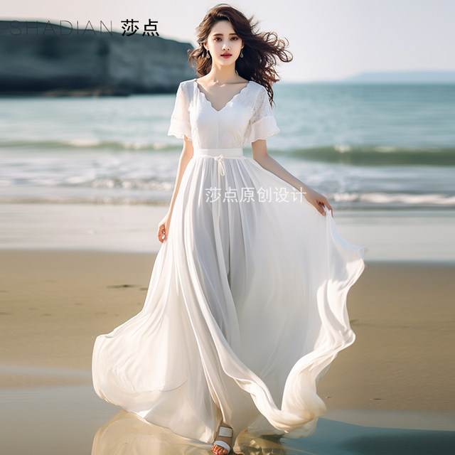 Stylish New Short Sleeve V-Neck Lace-Up Dress Seaside Resort Dress