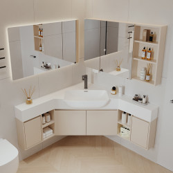 Cream-Style Corner Bathroom Cabinet, Personalized Small Apartment Corner Washbasin Vanity, Triangular Bathroom Cabinet Combination for Bathroom