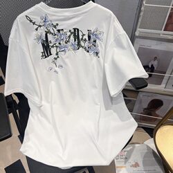 Vine Flower Letter Embroidery Short-Sleeve T-Shirt for Men and Women, Summer Design, European and American Style, National Trend Brand, Pure Cotton Half-Sleeve Top