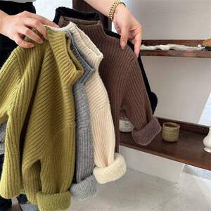 
Children's Sweater 2026 Winter Boys' Half Turtle Collar Solid Color One-Fleece Bottoming Sweater Girls' Thick Pullover Sweater